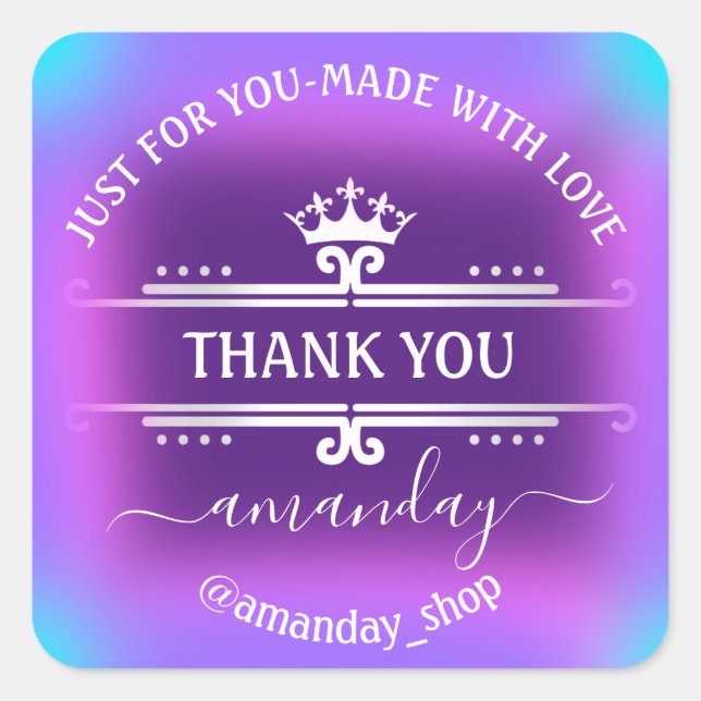 Thank You Name  Boutique Shop Royal Crown Purple Square Sticker (Front)