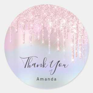 Thank You Name Bridal Pink Glitter Holograph Classic Round Sticker