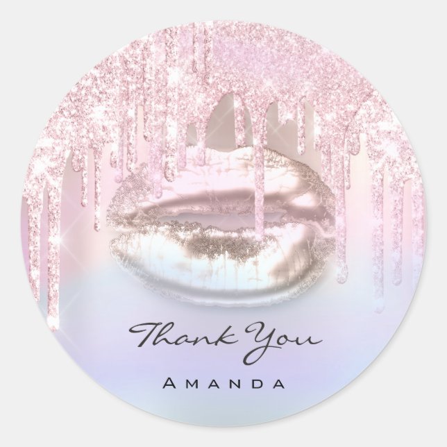 Thank You Name Bridal Pink Rose Holograph Kiss Lip Classic Round Sticker (Front)