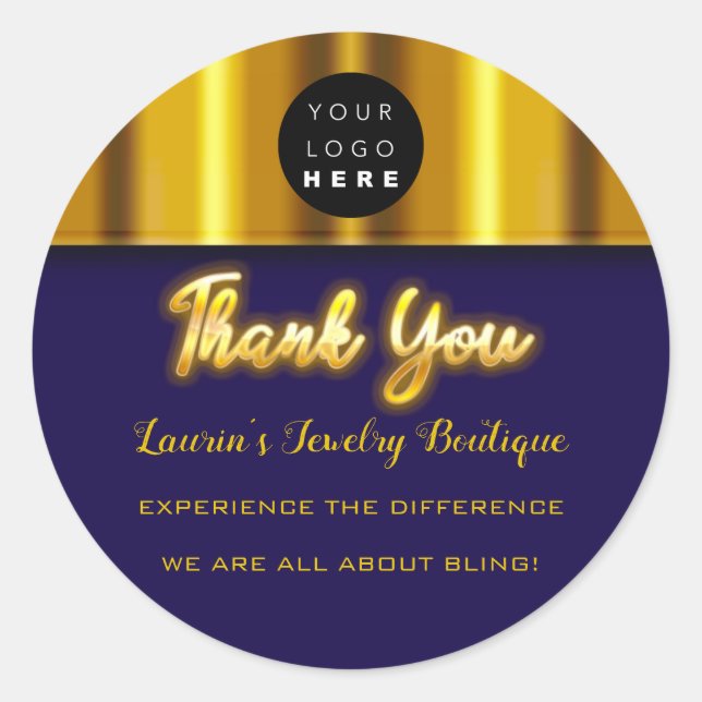 Thank You Name Custom Custom Logo Gold Blue Navy Classic Round Sticker (Front)