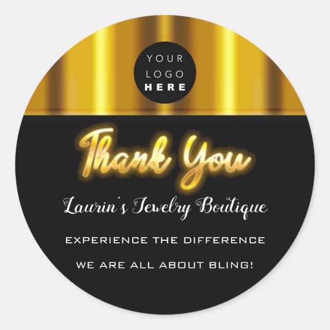 Thank You Name Custom Logo Gold Black Elegance Classic Round Sticker (Front)