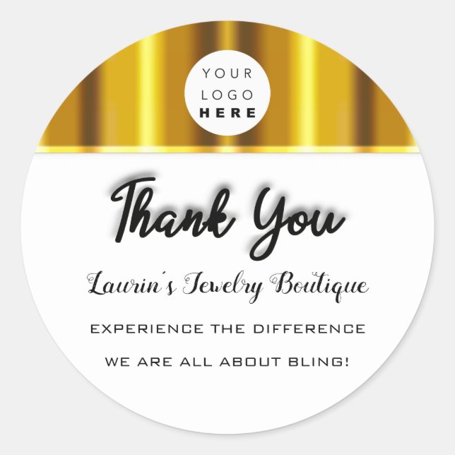 Thank You Name Custom Logo Gold White Classic Round Sticker (Front)