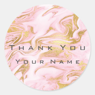 Thank You Name Custom Marble Gold Pink Metallic Classic Round Sticker