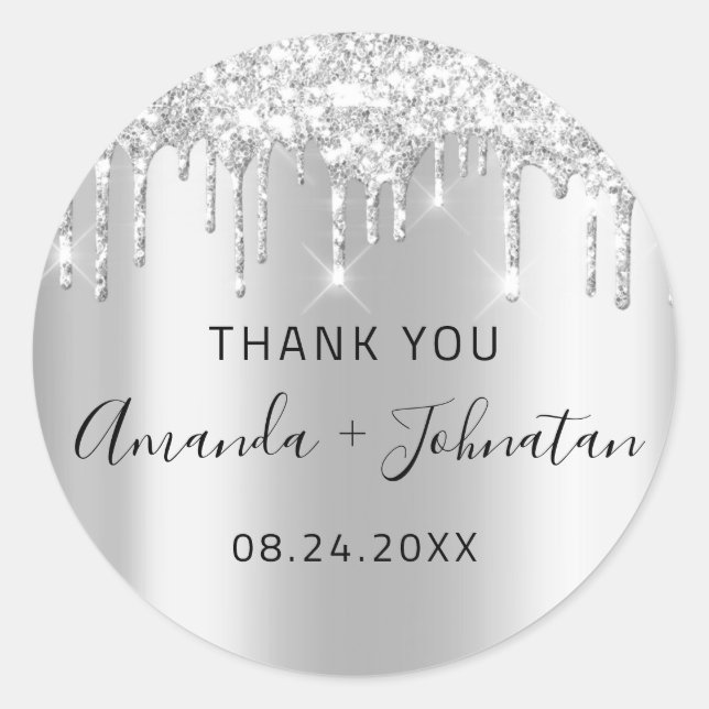 Thank You Name Date Black Silver Grey Drips Classic Round Sticker (Front)