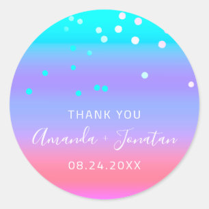Thank You Name Date Blue Pink Aqua Pink Confetti Classic Round Sticker