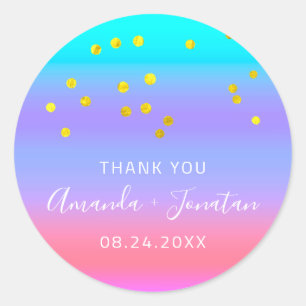 Thank You Name Date Blue Pink Gold Confetti  Classic Round Sticker