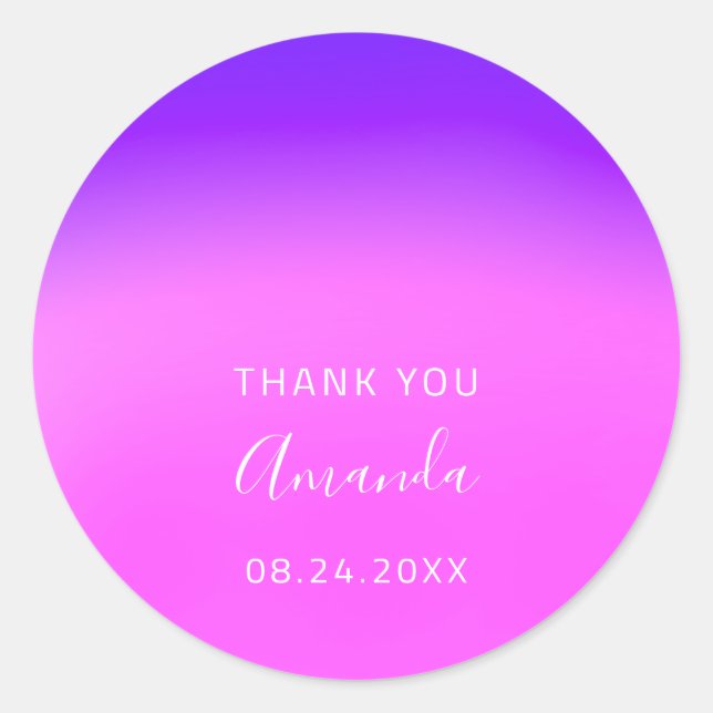 Thank You Name Date Sweet 16th Wedding Pink Purple Classic Round Sticker (Front)