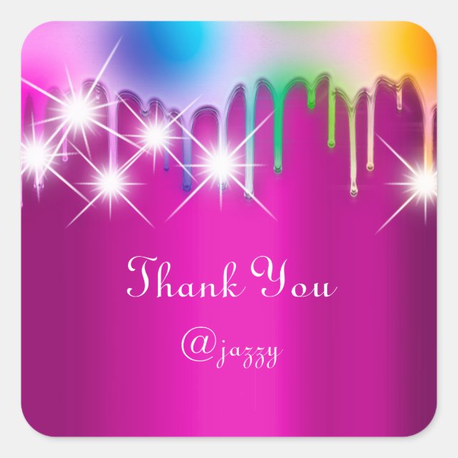 Thank You Name Drip Favour Holograph Pink Rainbow Square Sticker (Front)