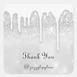 Thank You Name Drip Favour Silver Grey Glitter Square Sticker