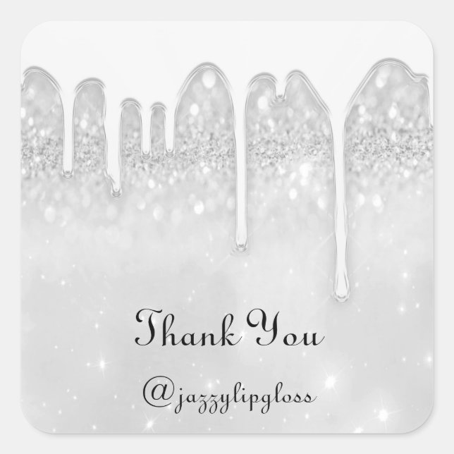 Thank You Name Drip Favour Silver Grey  Glitter Square Sticker (Front)