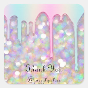 Thank You Name Drip Holographic Rose Girly Square Sticker
