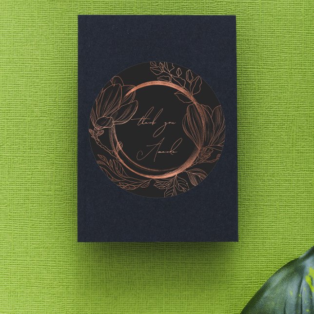 Thank You Name Floral Copper Black Wedding Bridal  Classic Round Sticker (Thank You Name Floral Copper Black Wedding Bridal Classic Round Sticker)
