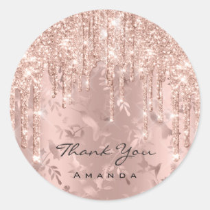 Thank You Name Floral Rose Glitter  Round Sticker