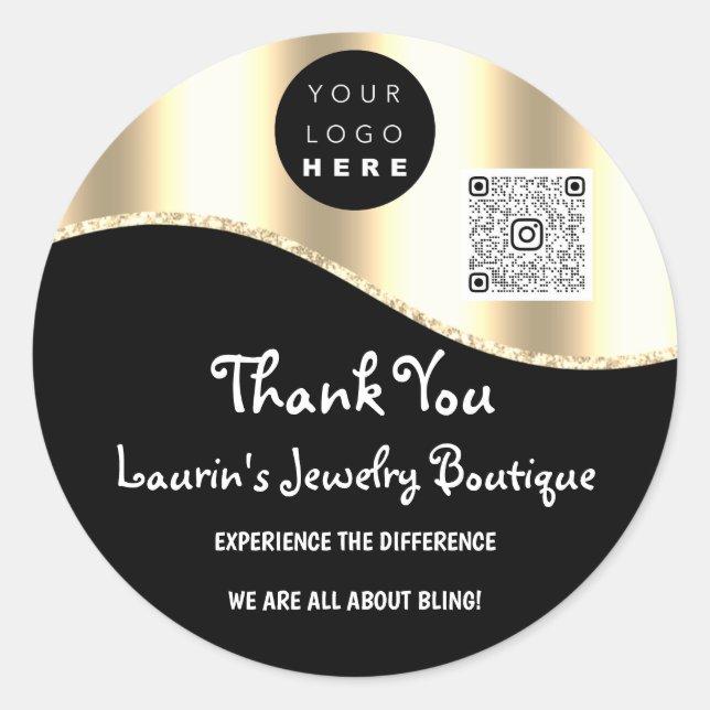 Thank You Name Logo Qr Code Black Gold Glitter   Classic Round Sticker (Front)