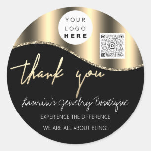 Thank You Name Logo Qr Code Black White Gold Classic Round Sticker