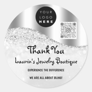Thank You Name Logo Qr Code Grey Silver Glitter Classic Round Sticker