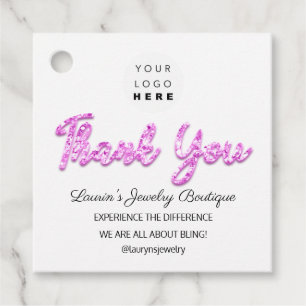 Thank You Name Logo QR Code Pink Glitter White Favour Tags