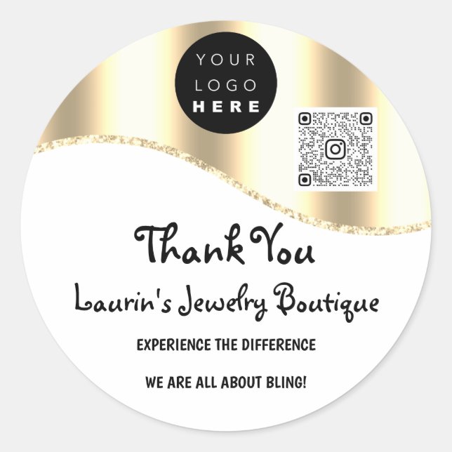 Thank You Name Logo Qr Code White Gold Glitter   Classic Round Sticker (Front)