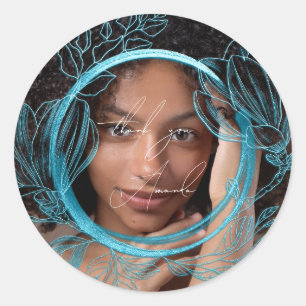 Thank You Name Magnolia Floral Garden Blue Classic Round Sticker