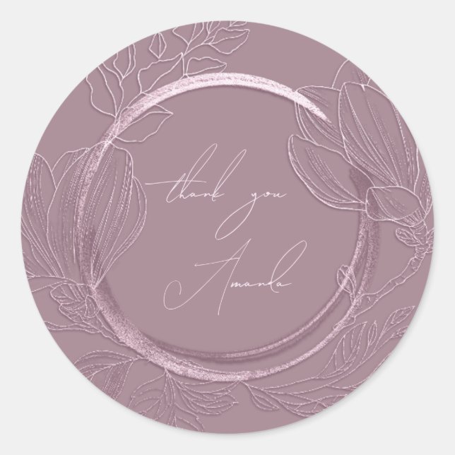 Thank You Name Magnolia Floral Garden Eggplant  Classic Round Sticker (Front)