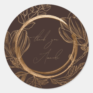 Thank You Name Magnolia Floral Garden Gold Brown Classic Round Sticker