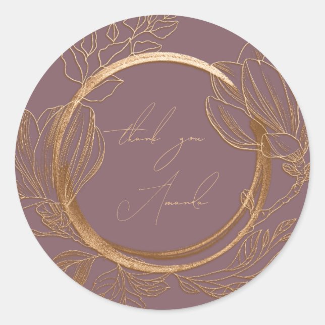 Thank You Name Magnolia Floral Garden Gold Purple Classic Round Sticker (Front)