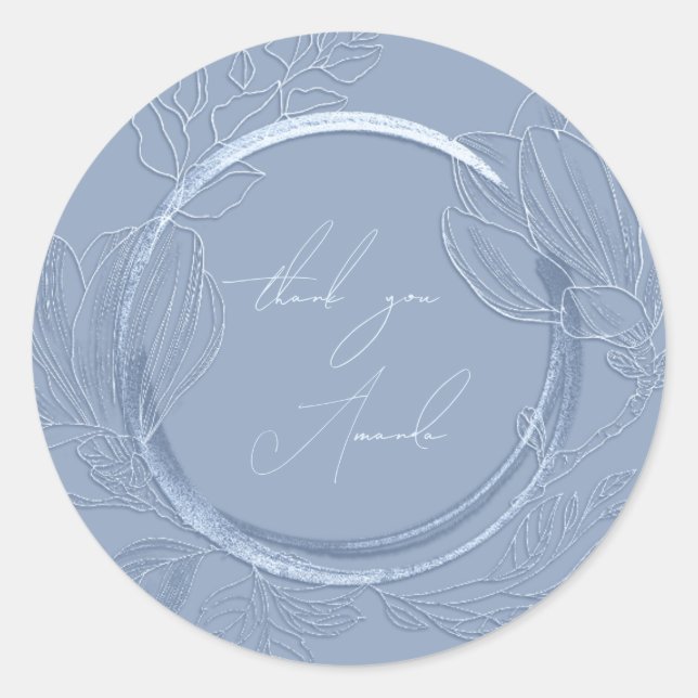 Thank You Name Magnolia Floral Smoky Blue Elegant Classic Round Sticker (Front)