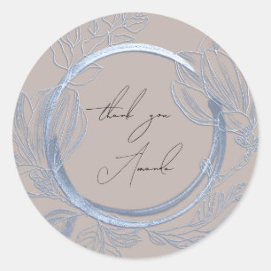 Thank You Name Magnolia Floral Smoky Blue Grey Classic Round Sticker