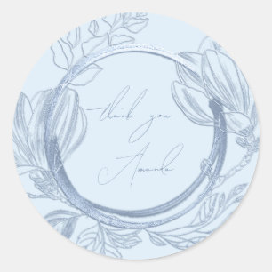 Thank You Name Magnolia Floral Smoky Blue Pastel Classic Round Sticker
