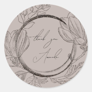 Thank You Name Magnolia Floral Smoky Brown Grey Classic Round Sticker