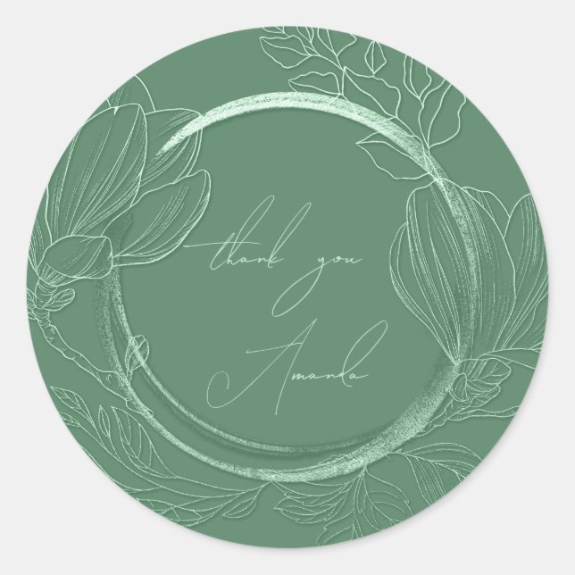 Thank You Name Magnolia Green Wedding  Classic Round Sticker (Front)