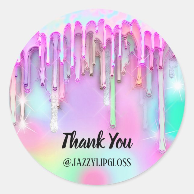 Thank You Name Pink Drip Holograph Drip  Classic Round Sticker (Front)