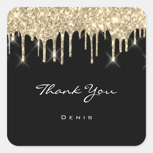 Thank You Name Wedding  Black Champaign Drips Square Sticker (Front)