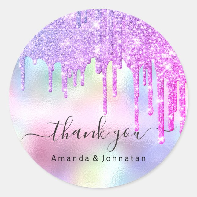 Thank You Name Wedding Glitter Holograph Drips Classic Round Sticker (Front)