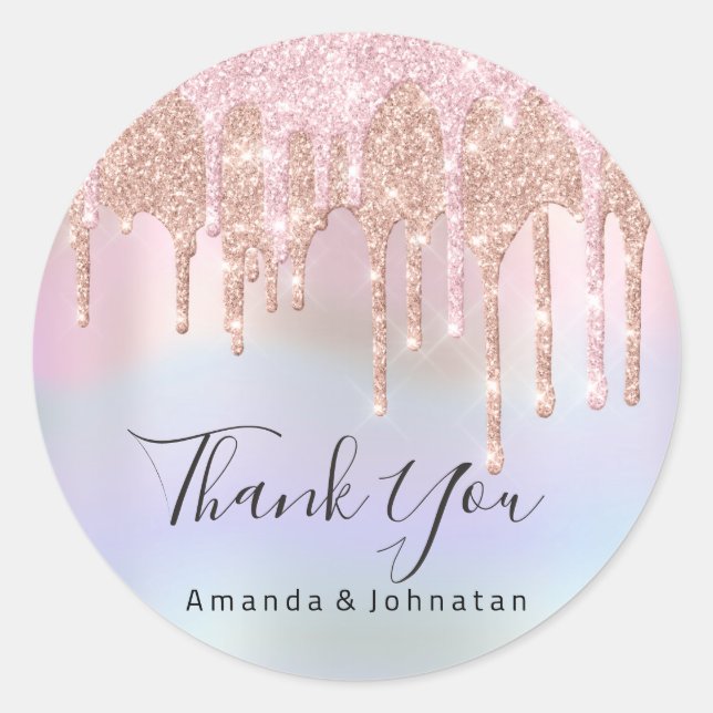 Thank You Name Wedding Pink Glitter Holograph Classic Round Sticker (Front)