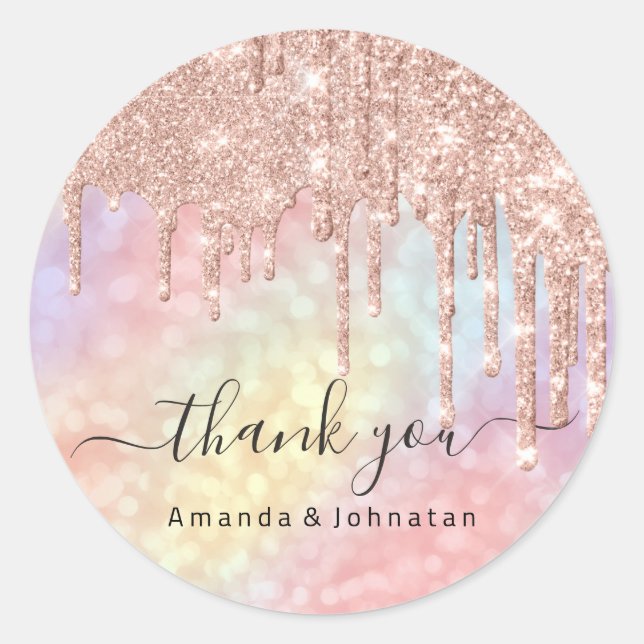 Thank You Name Wedding Rose Glitter Holographic Classic Round Sticker (Front)