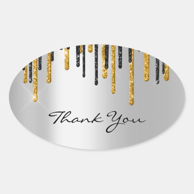 Thank You Name Wedding  Silver Grey  Gold Drips Oval Sticker (Front)