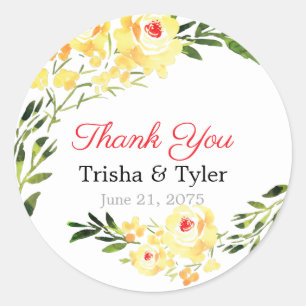 Thank You, Names & Date Yellow W/C Flowers Wedding Classic Round Sticker