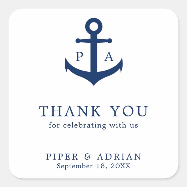 Thank You Nautical Anchor Monogram Wedding Favour Square Sticker (Front)