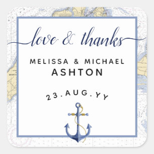 Thank You Nautical Chart Anchor Wedding / Event Square Sticker