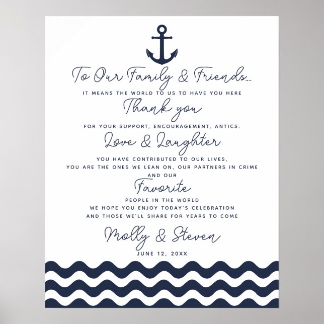 thank you nautical navy blue wedding  sign (Front)