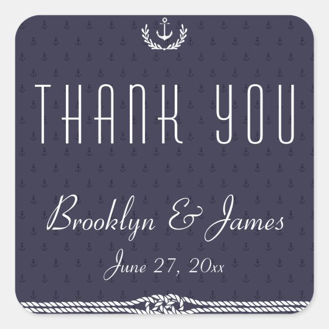 Thank You Nautical Wedding Stickers Blue Anchors (Front)