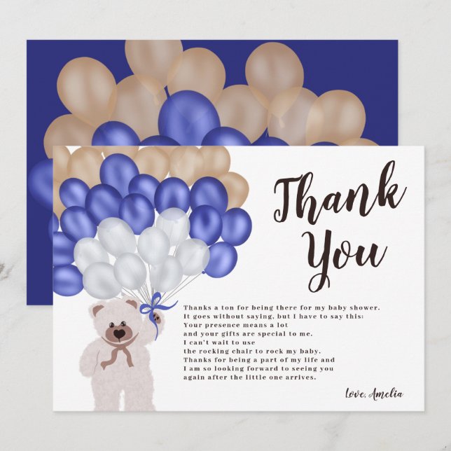 Thank you navy blue balloon bear boy baby shower (Front/Back)