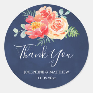 Thank You Navy Blue Coral Floral Wedding Classic Round Sticker