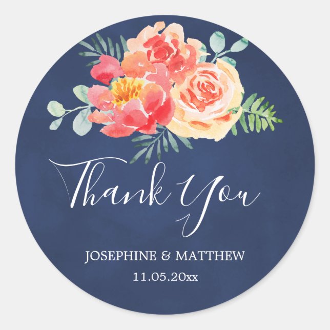 Thank You Navy Blue Coral Floral Wedding Classic Round Sticker (Front)
