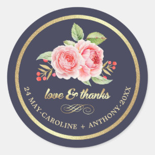 Thank You. Navy Blue Watercolor Roses Wedding Classic Round Sticker