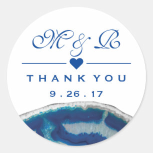 Thank You   Navy Blue Wedding Monogram Agate Classic Round Sticker