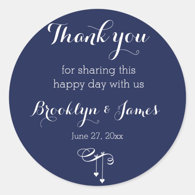 Thank You Navy Blue Wedding Stickers Hearts (Front)