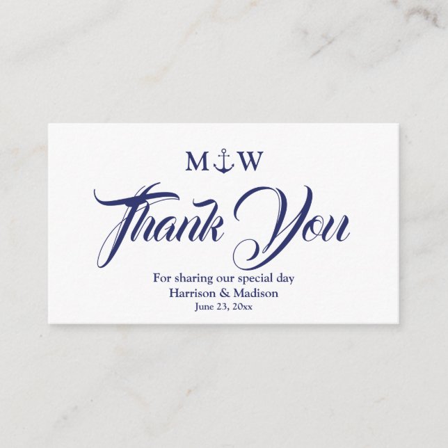 Thank You navy blue white Nautical anchor wedding Enclosure Card (Front)