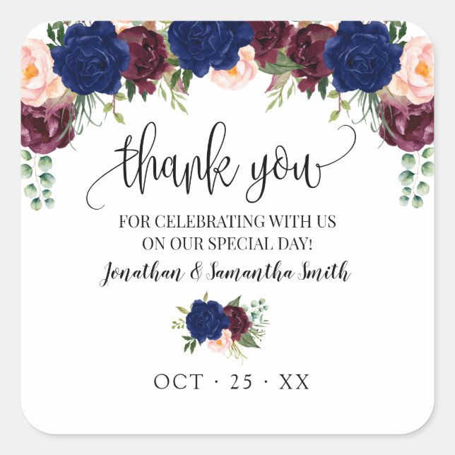 Thank you Navy burgundy floral boho chic wedding Square Sticker (Front)